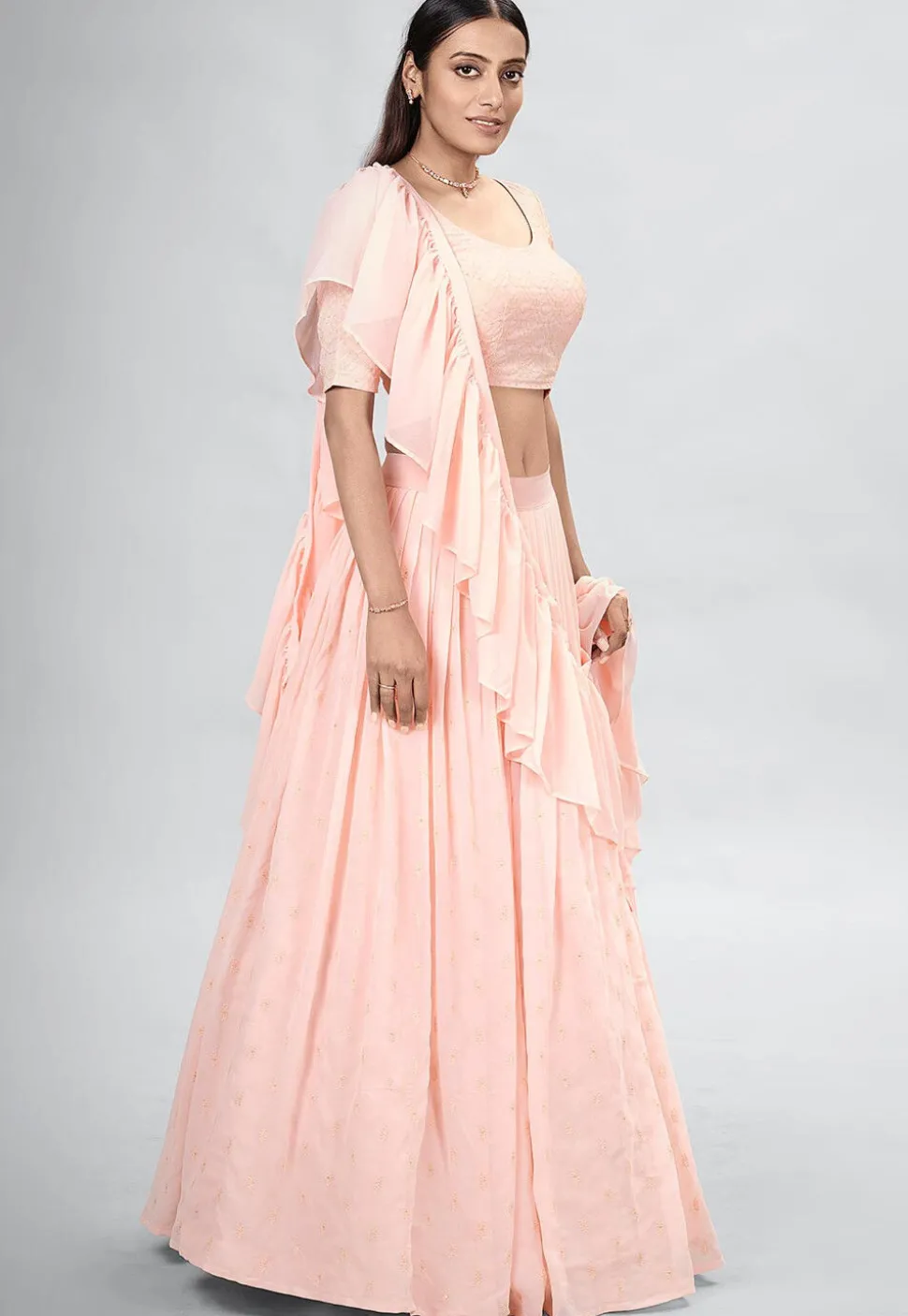 Embroidered Georgette Lehenga in Peach