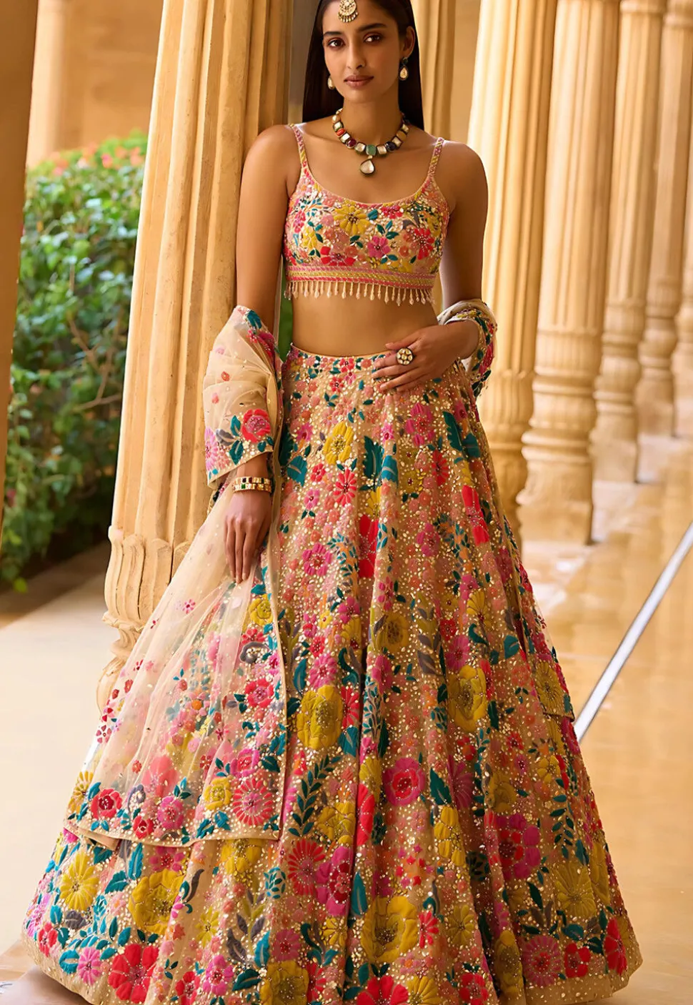 Embroidered Georgette Lehenga in Beige