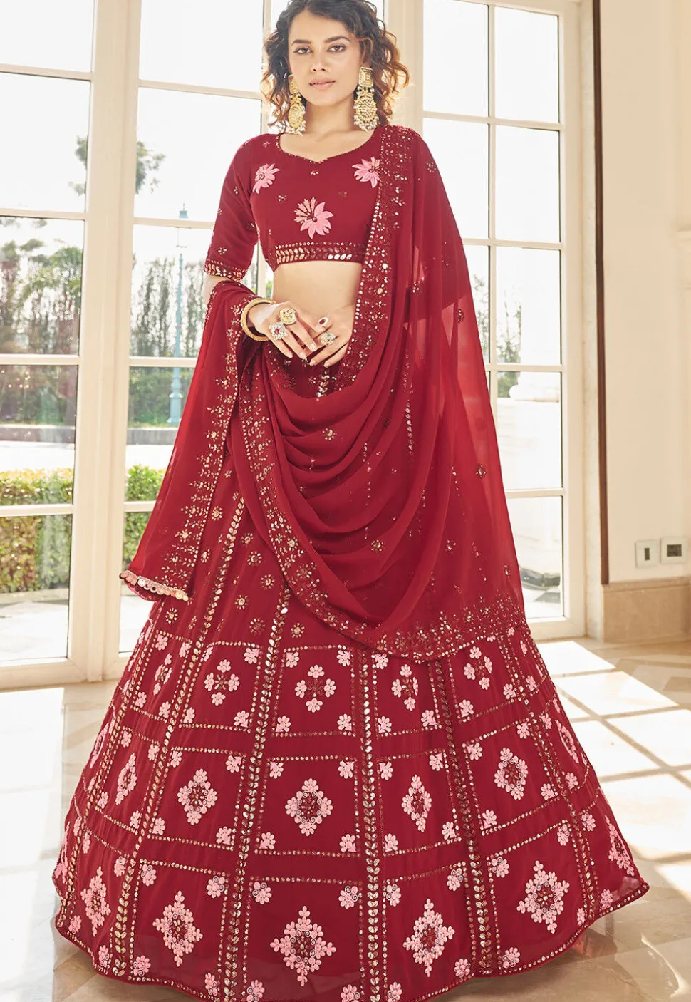 Embroidered Georgette Lehenga in Red
