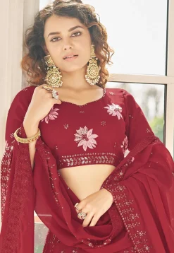 Embroidered Georgette Lehenga in Red