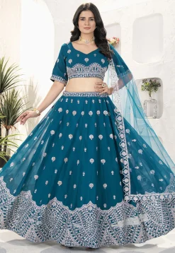 Embroidered Georgette Lehenga in Teal Blue