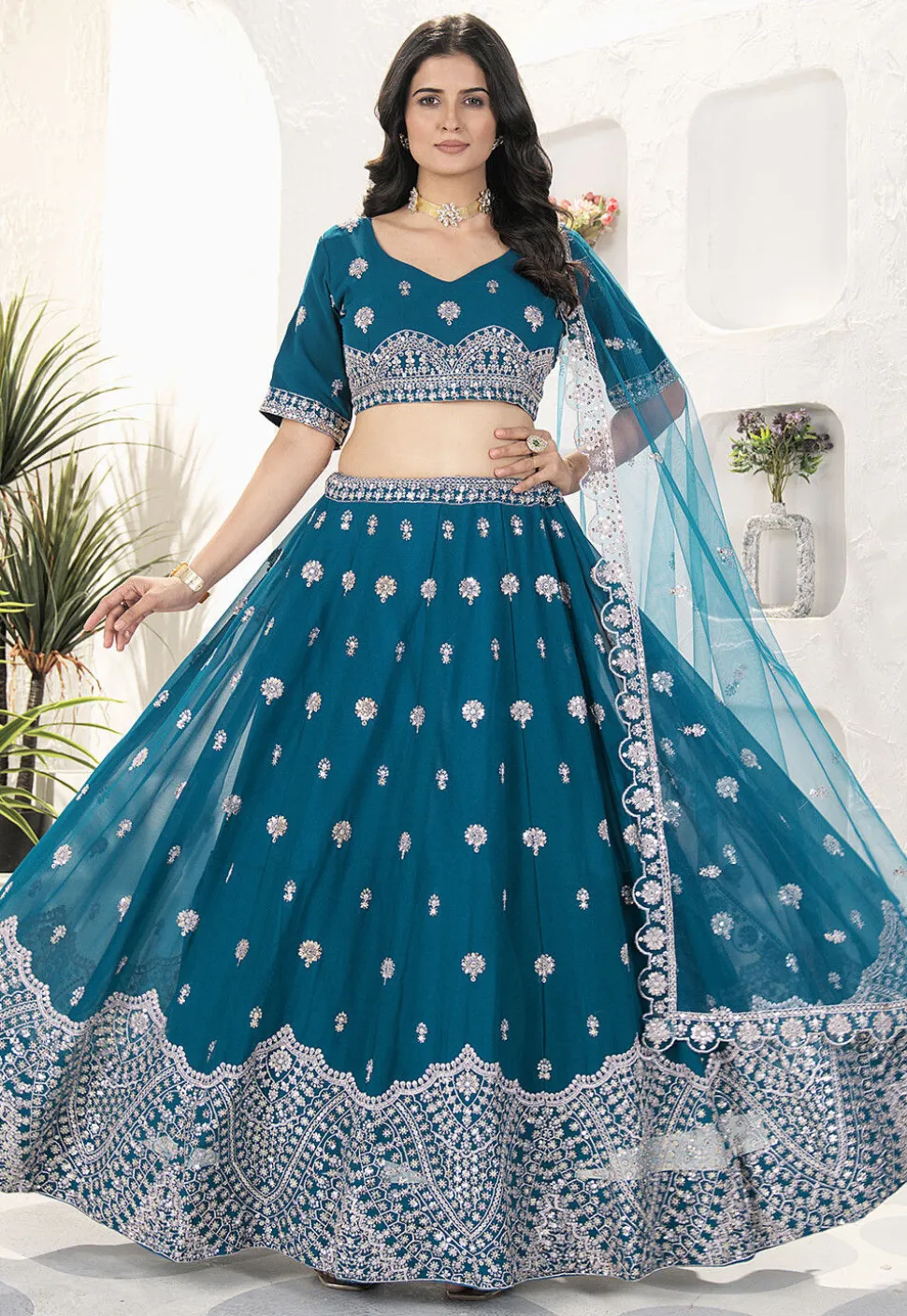 Embroidered Georgette Lehenga in Teal Blue