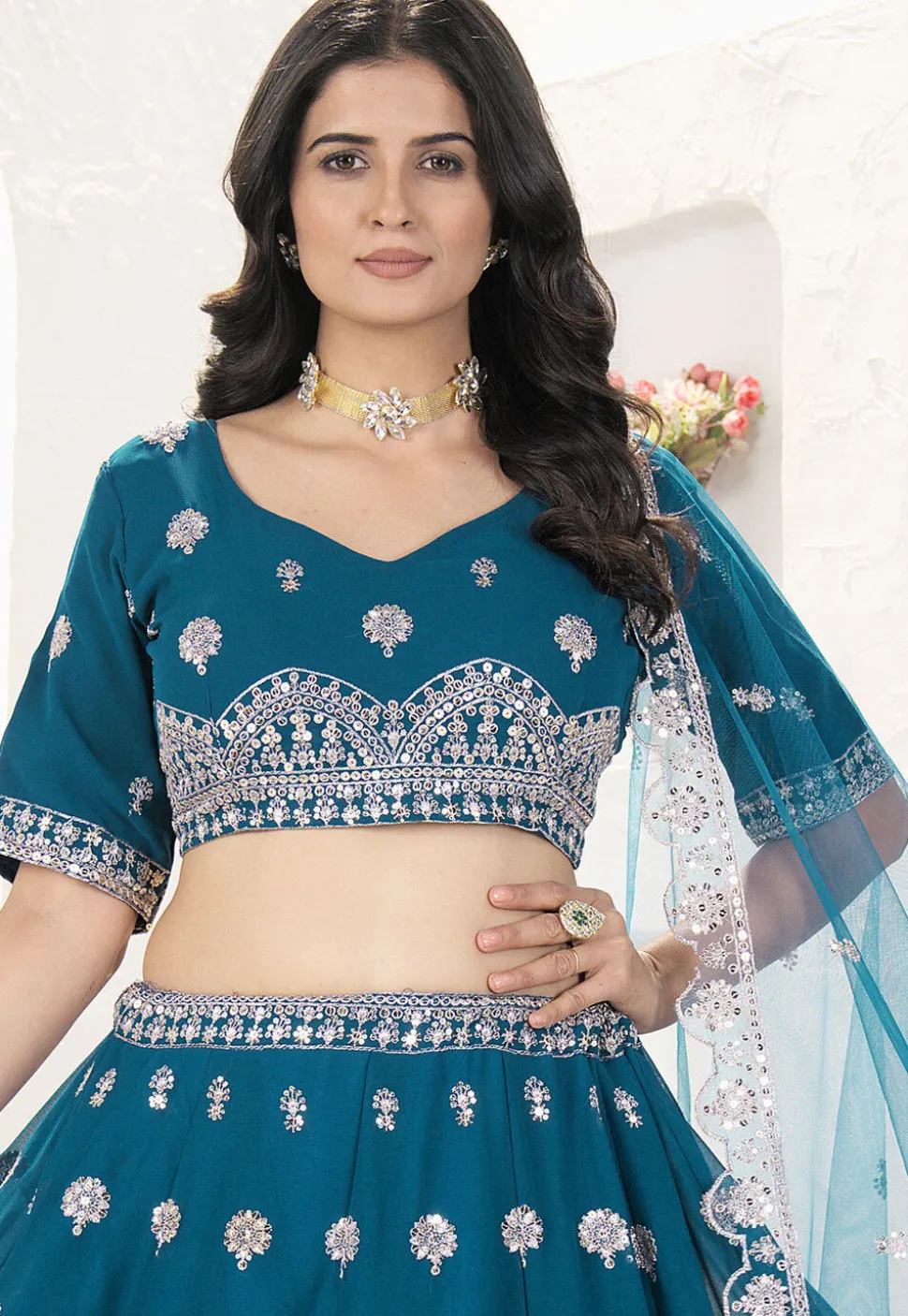 Embroidered Georgette Lehenga in Teal Blue
