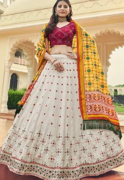 Embroidered Georgette Lehenga in Off White