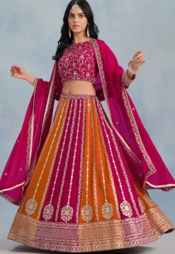 Embroidered Georgette Lehenga in Orange and Fuchsia