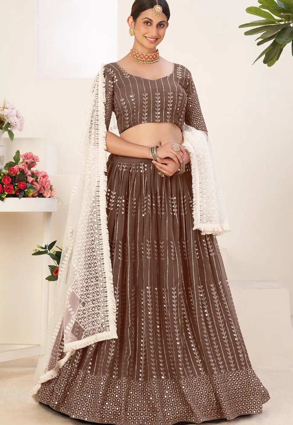 Embroidered Georgette Lehenga in Brown