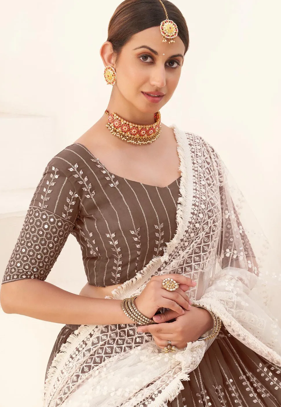 Embroidered Georgette Lehenga in Brown