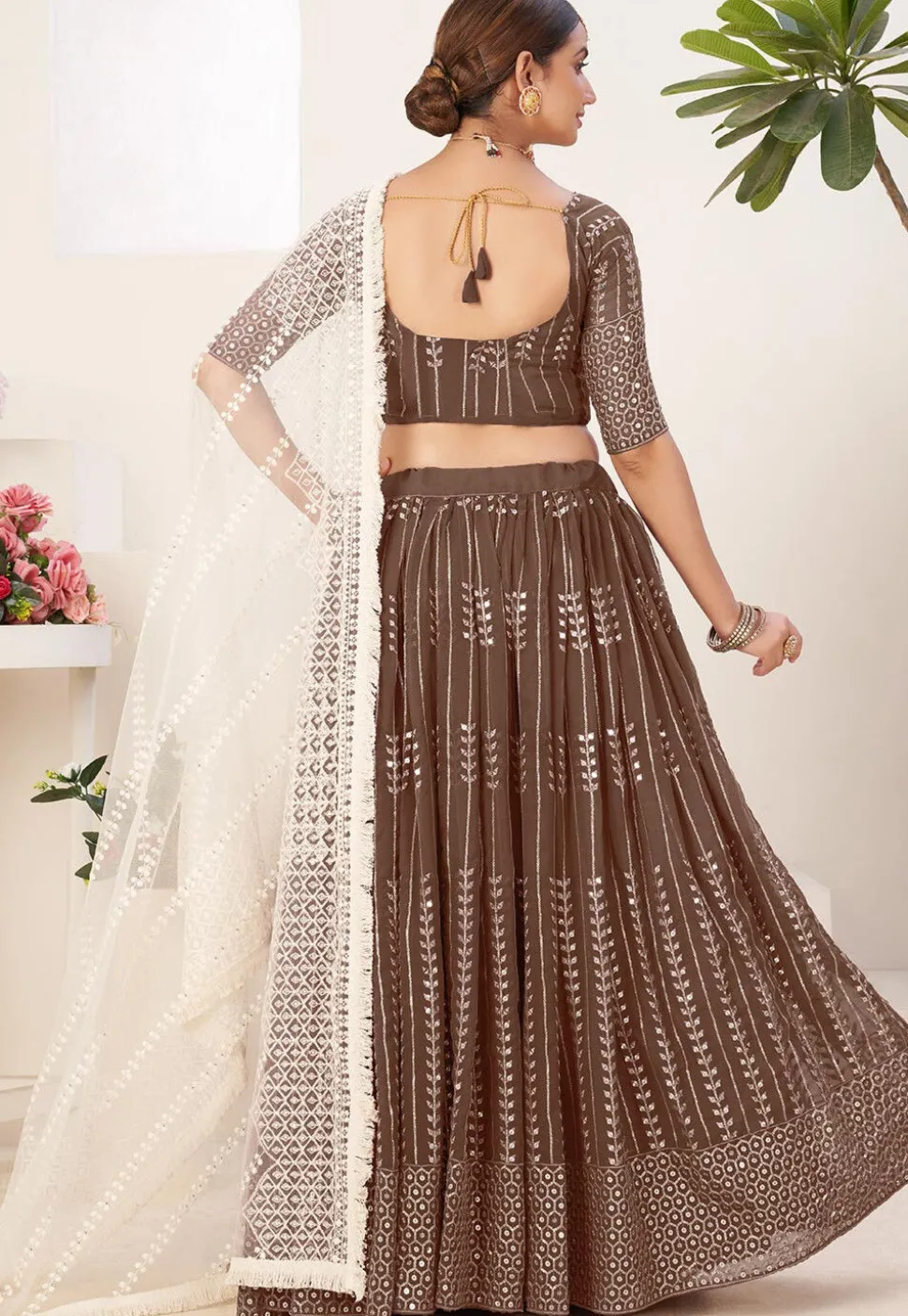 Embroidered Georgette Lehenga in Brown