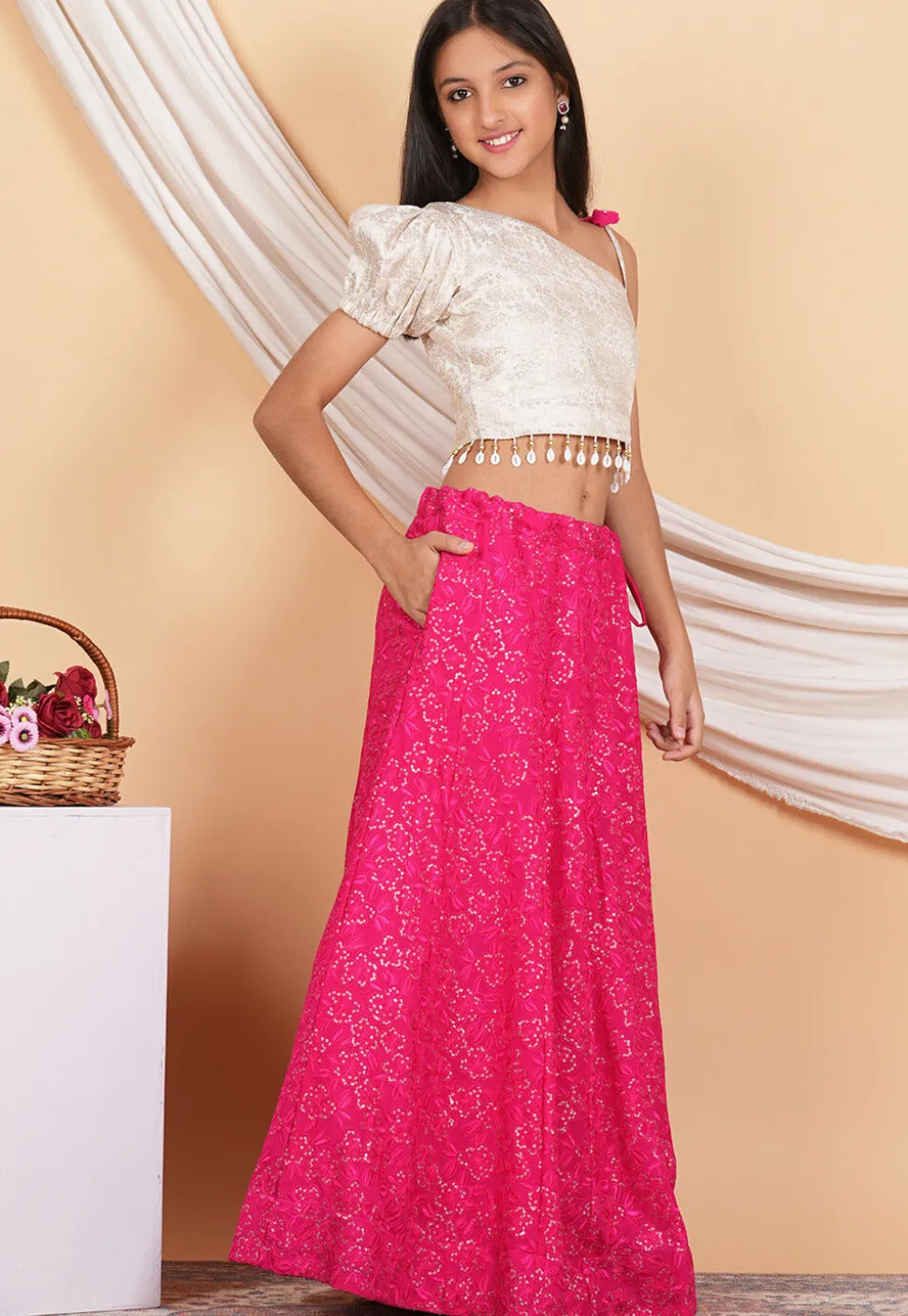 Embroidered Georgette Lehenga in Fuchsia