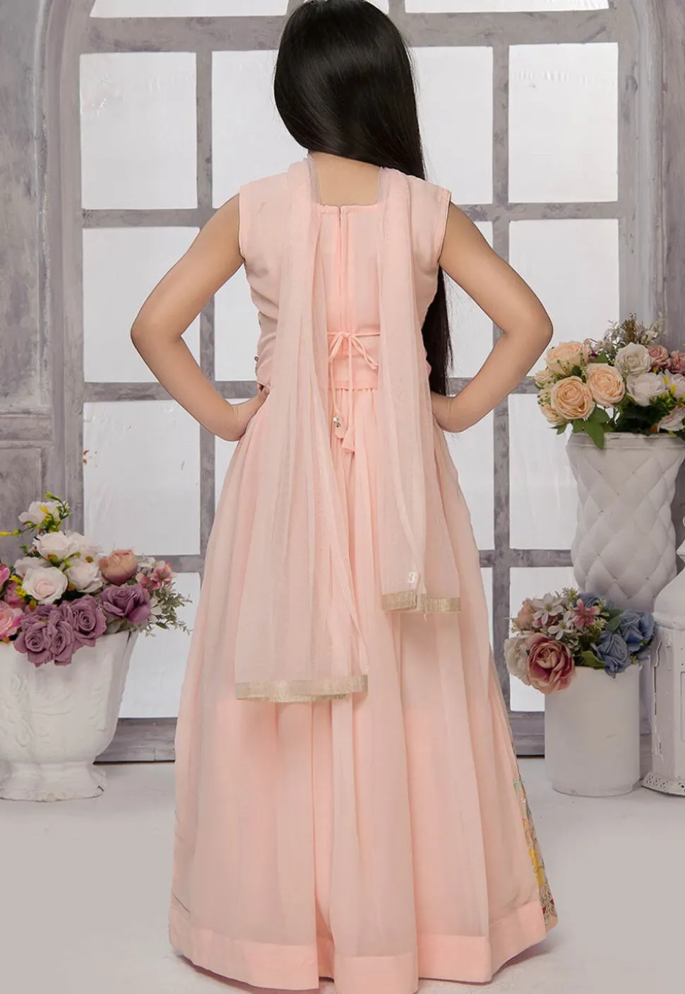 Embroidered Georgette Lehenga in Peach
