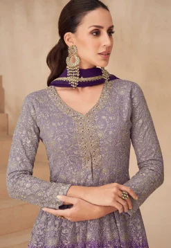 Embroidered Georgette Lehenga in Purple Ombre