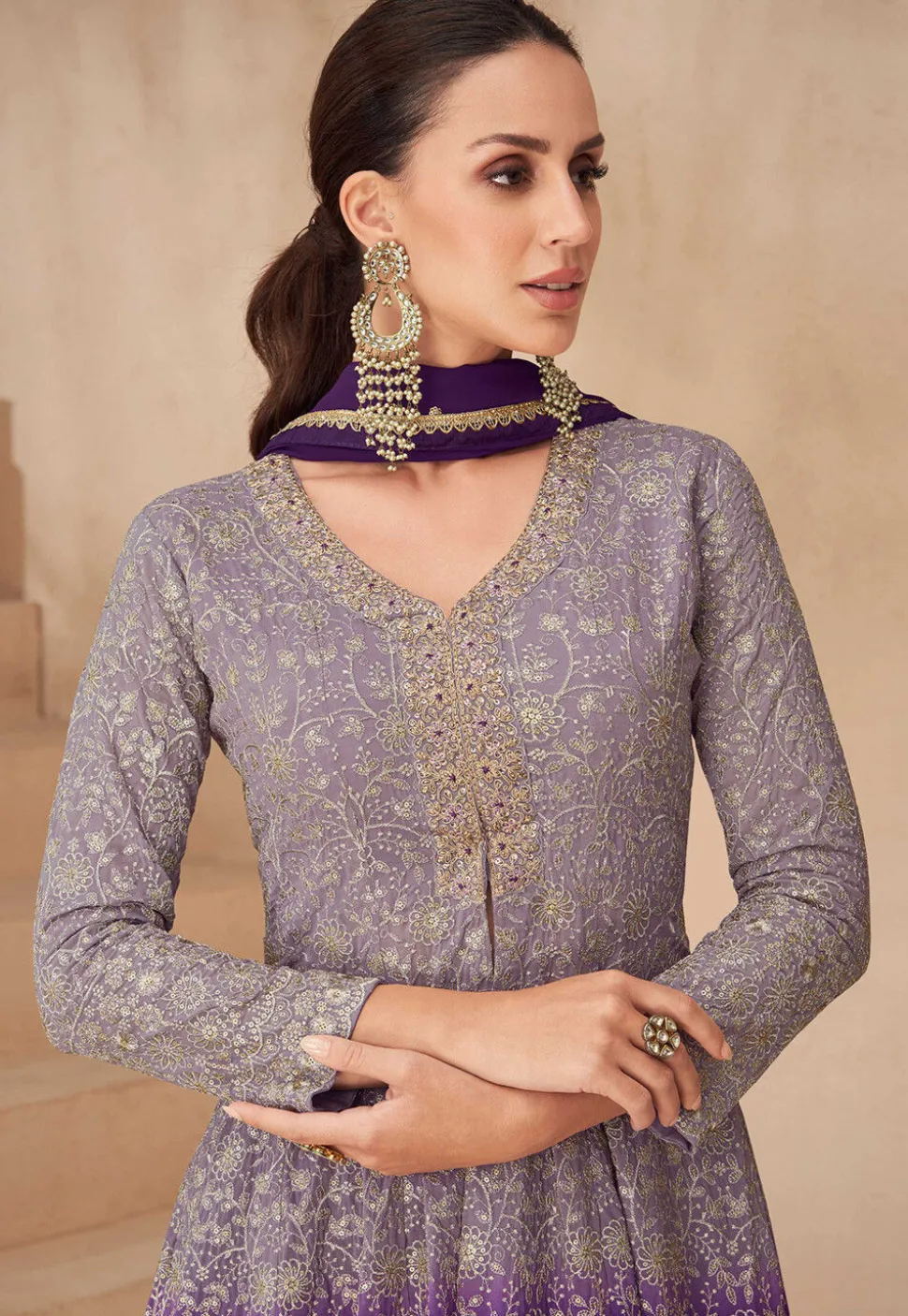 Embroidered Georgette Lehenga in Purple Ombre