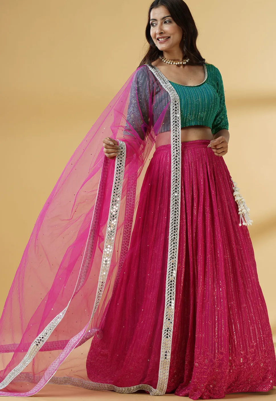 Embroidered Georgette Lehenga in Pink