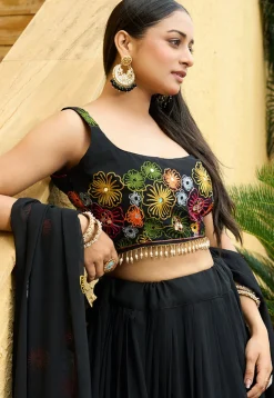 Embroidered Georgette Lehenga in Black