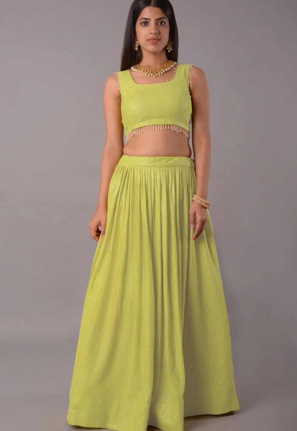 Embroidered Georgette Lehenga in Light Green