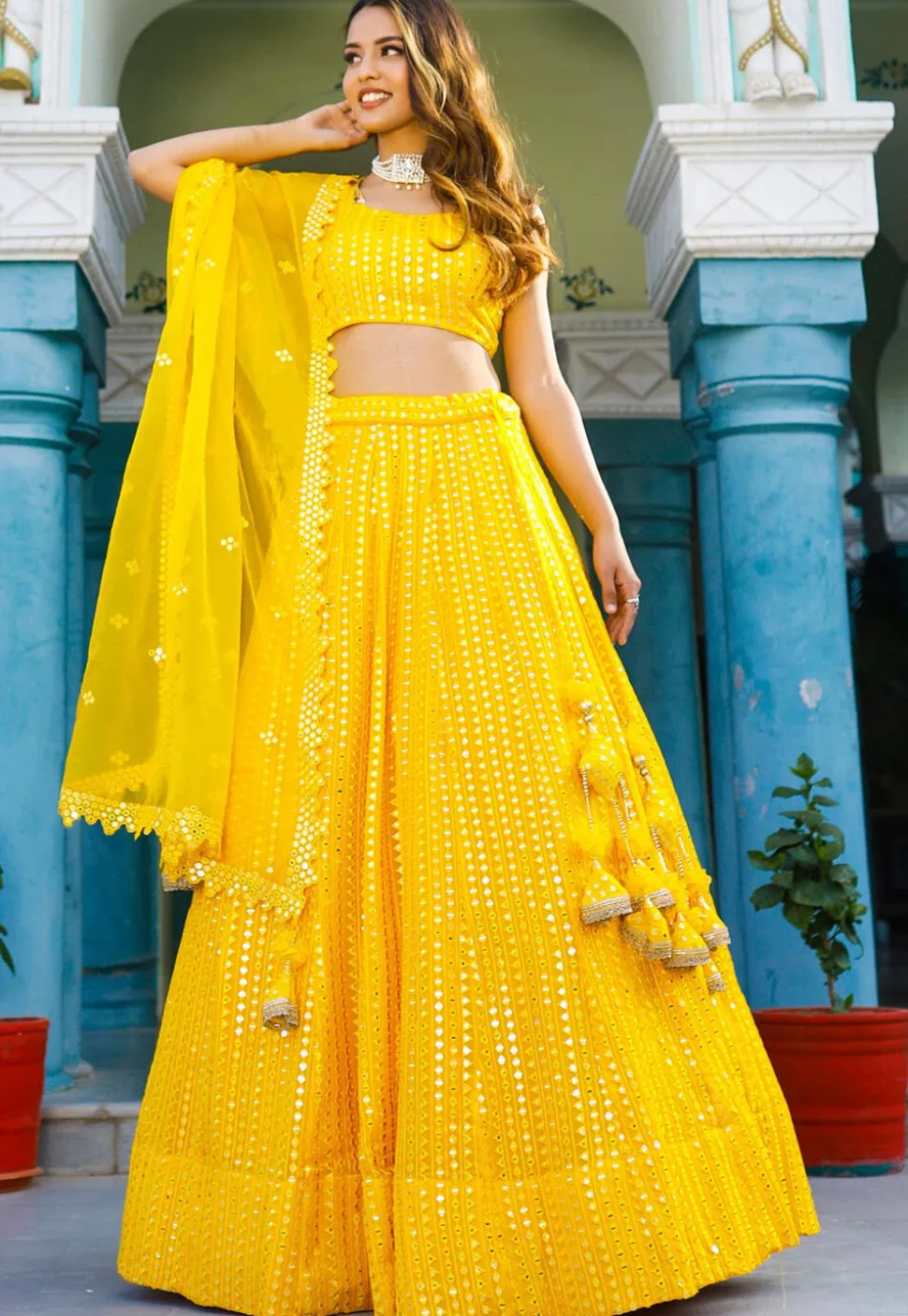 Embroidered Georgette Lehenga in Yellow