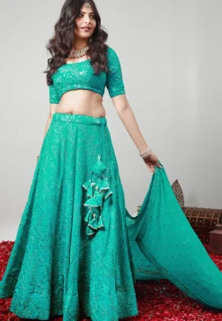 Embroidered Georgette Lehenga in Turquoise