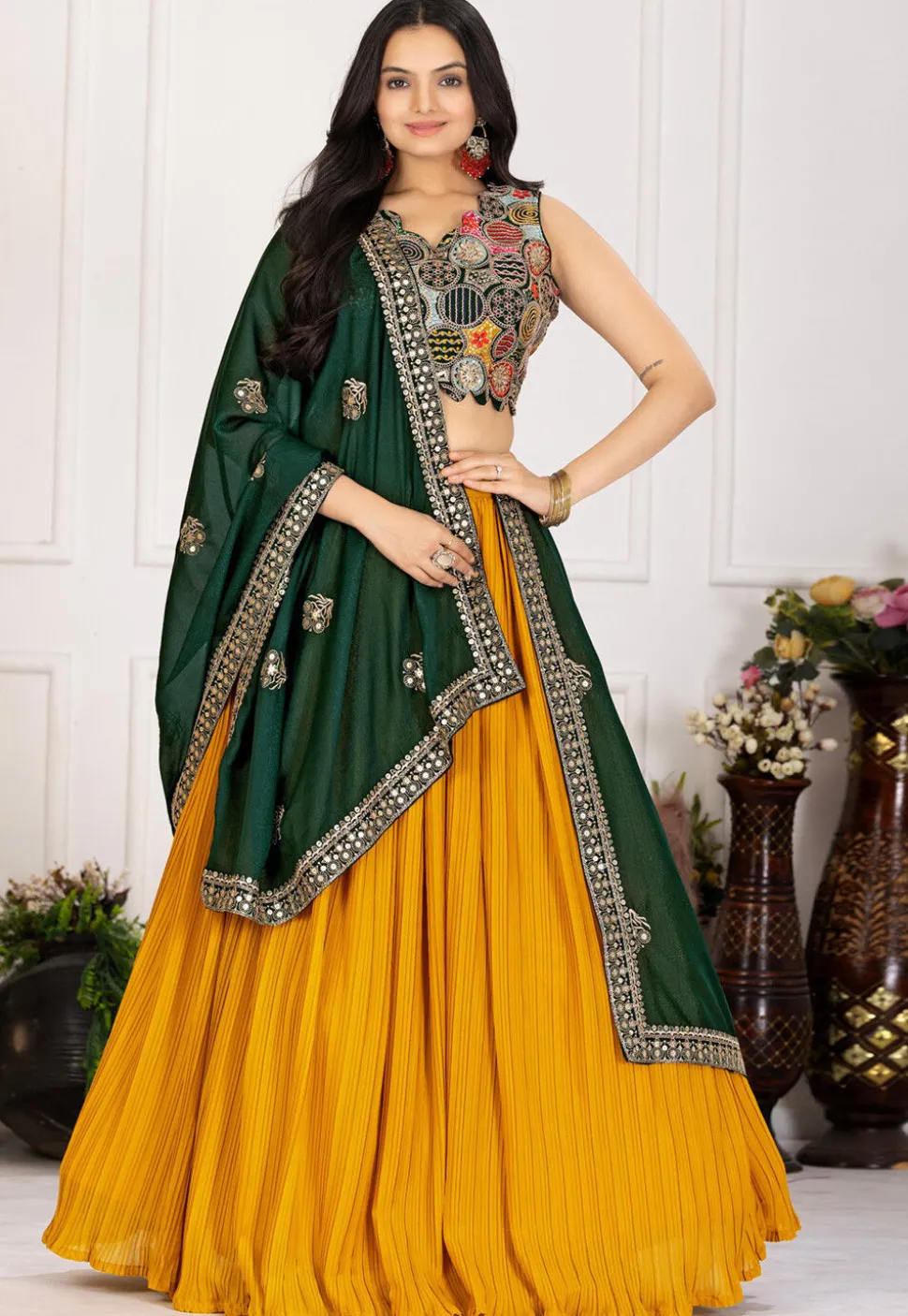 Embroidered Georgette Lehenga in Mustard