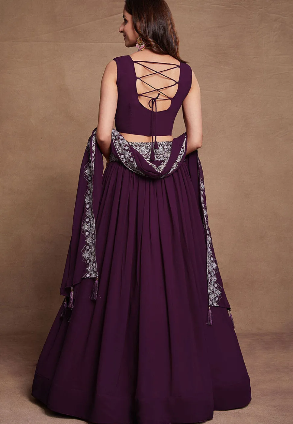 Embroidered Georgette Lehenga in Wine