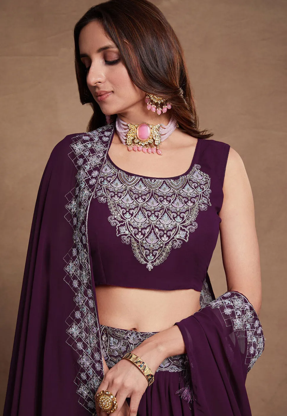 Embroidered Georgette Lehenga in Wine
