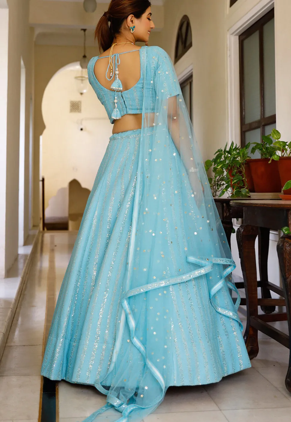Embroidered Georgette Lehenga in Sky Blue