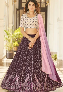 Embroidered Georgette Lehenga in Wine