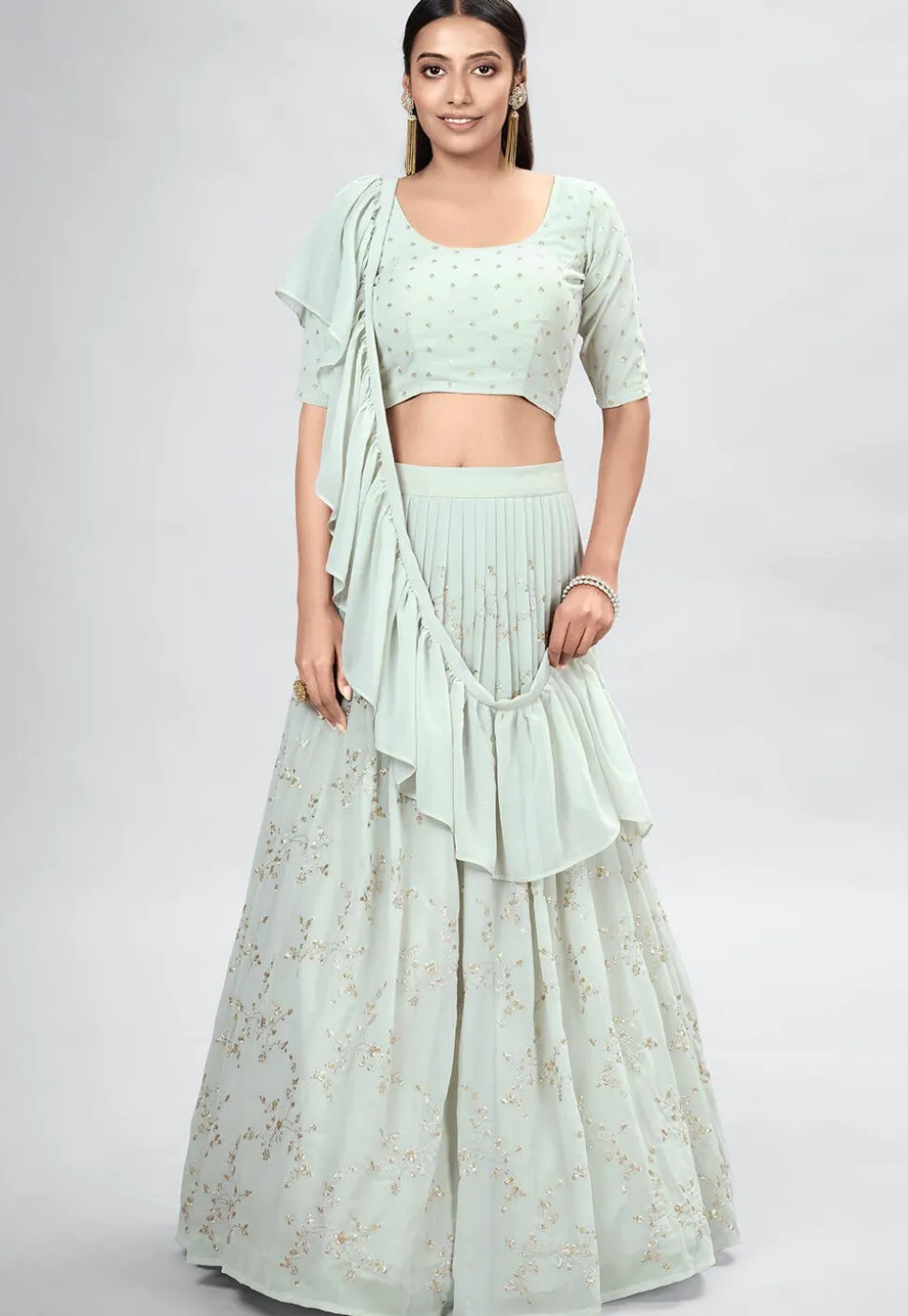 Embroidered Georgette Lehenga in Light Sea Green