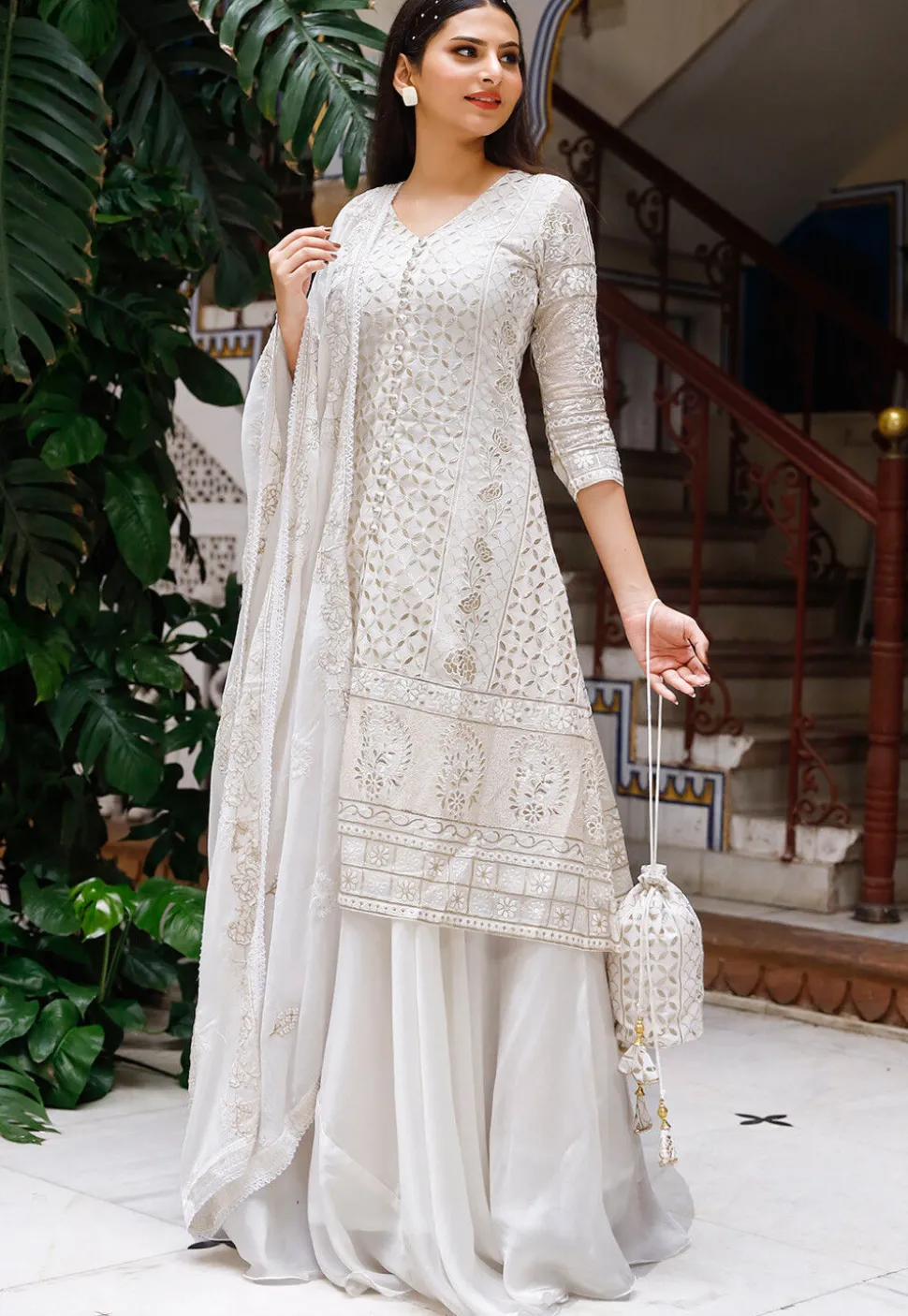 Embroidered Georgette Lehenga in White