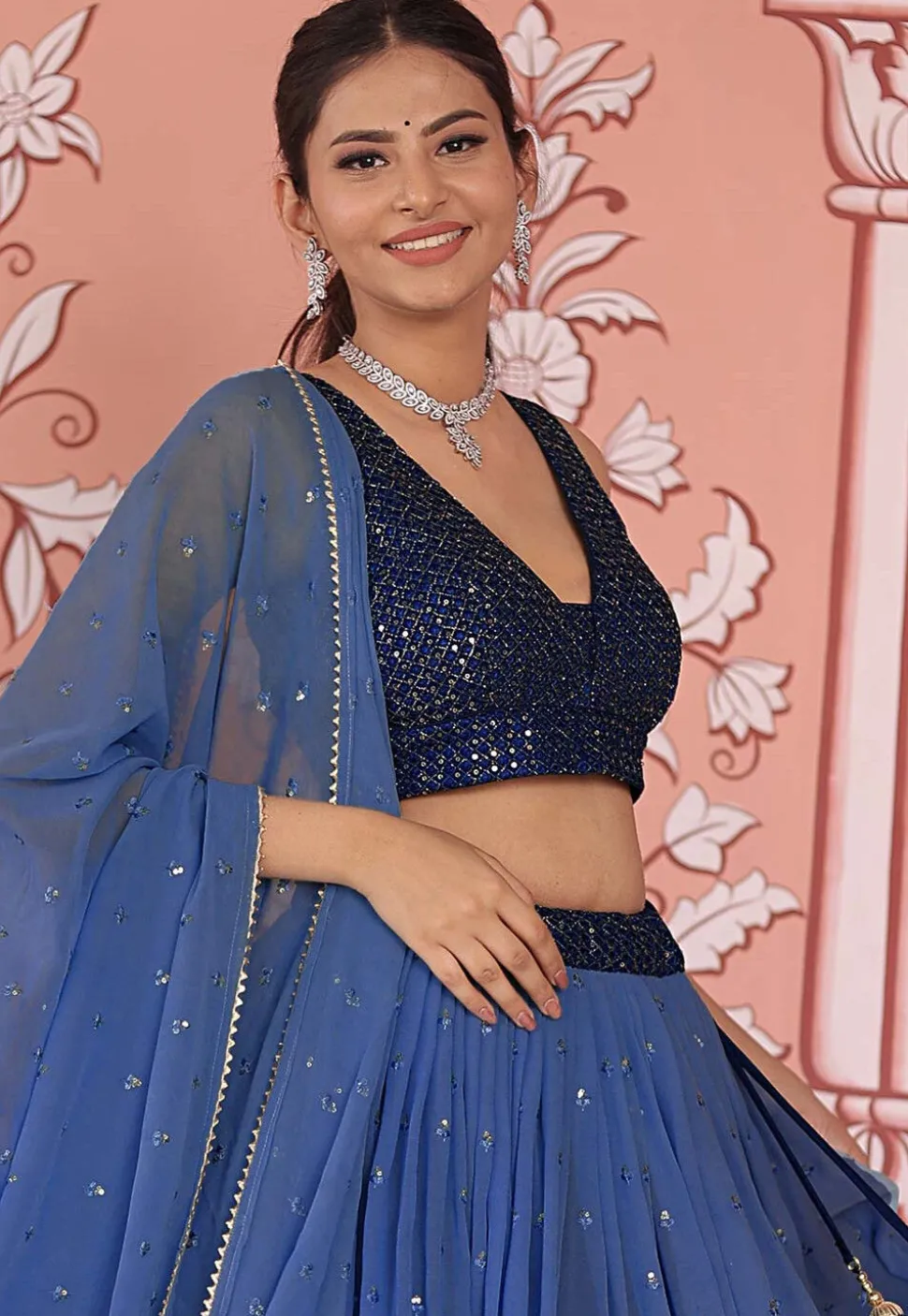 Embroidered Georgette Lehenga in Shaded Blue
