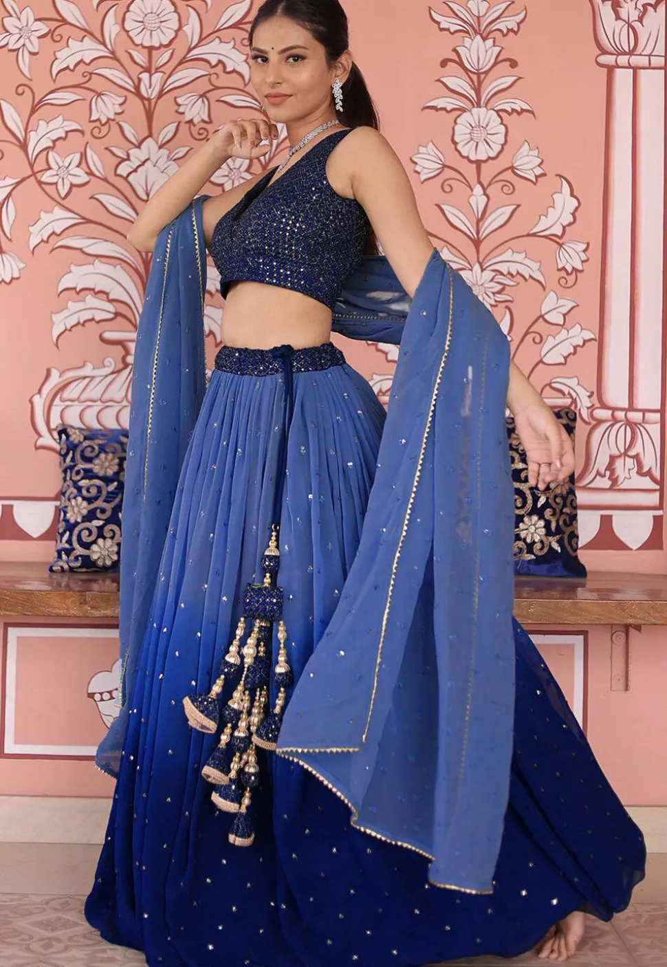 Embroidered Georgette Lehenga in Shaded Blue