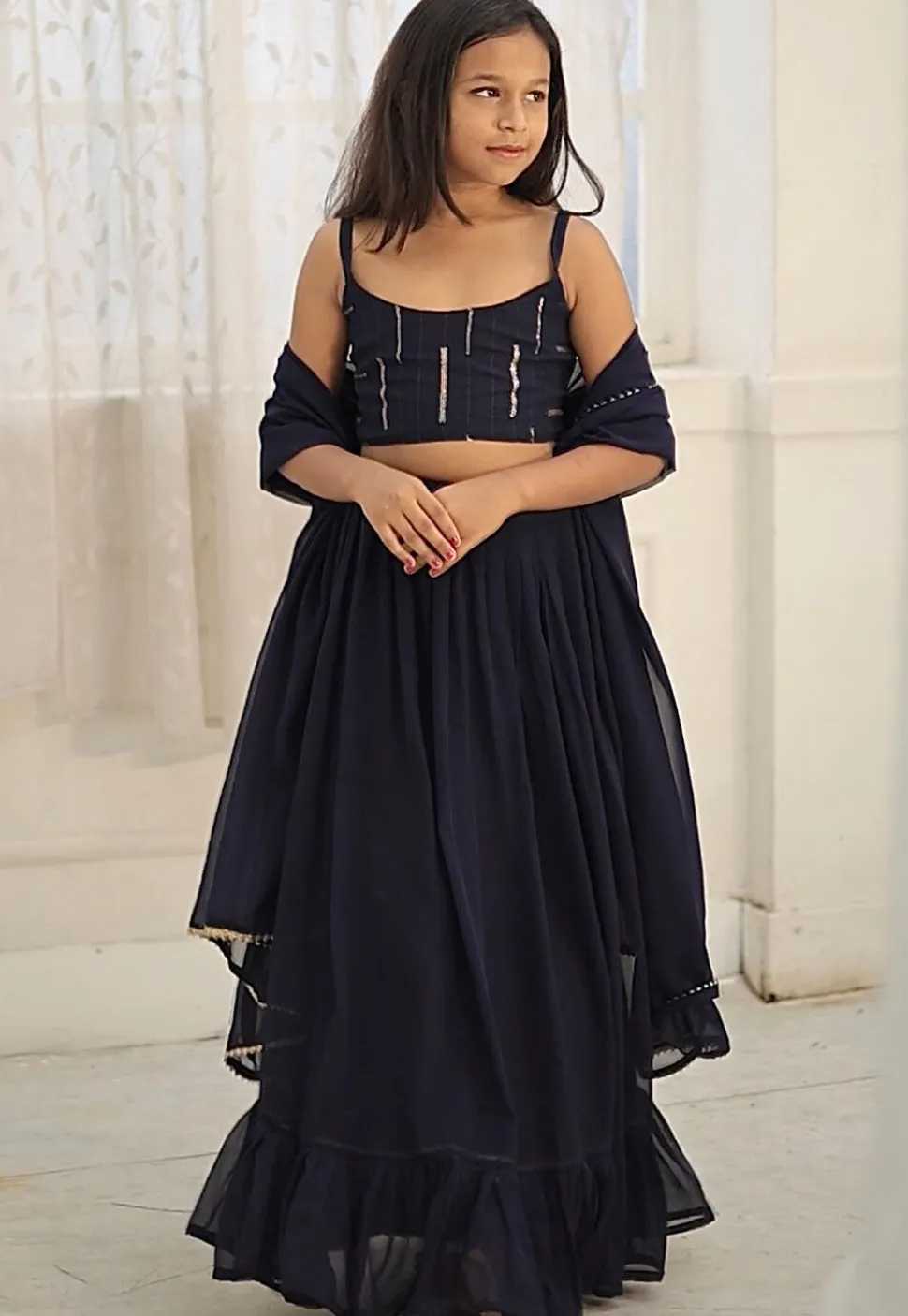 Embroidered Georgette Lehenga in Navy Blue