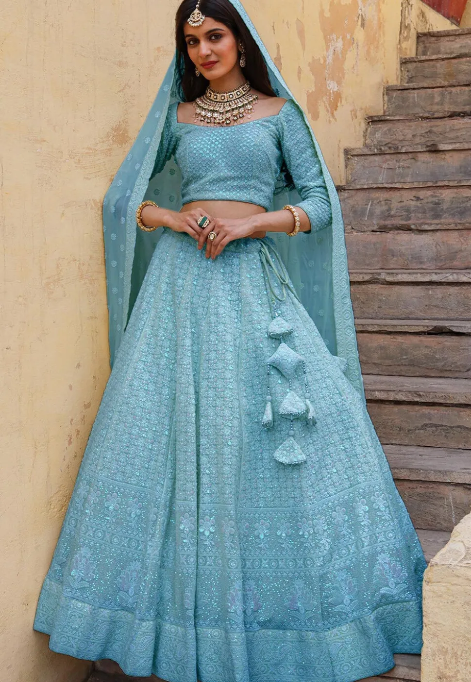 Embroidered Georgette Lehenga in Pastel Blue