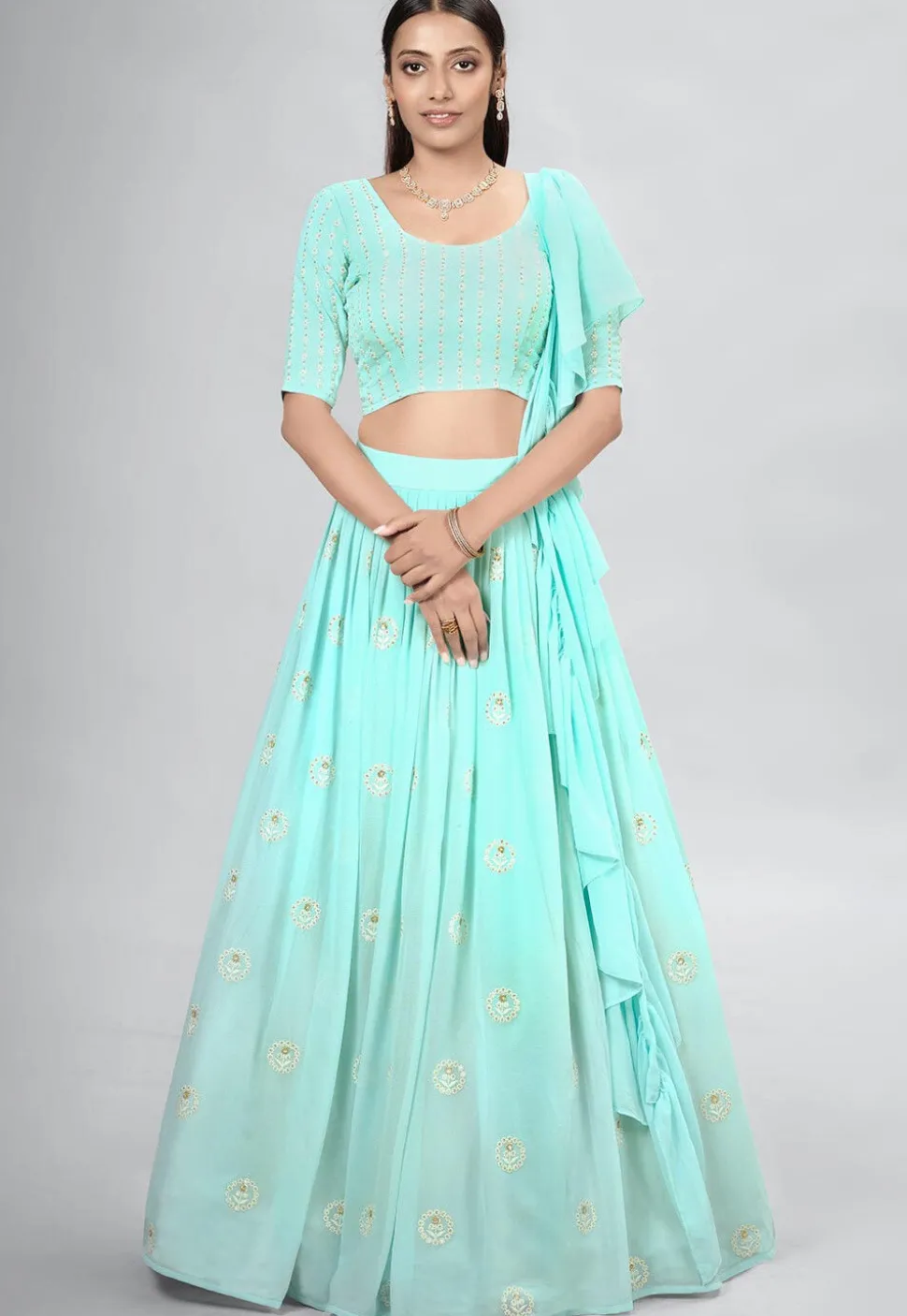 Embroidered Georgette Lehenga in Light Blue