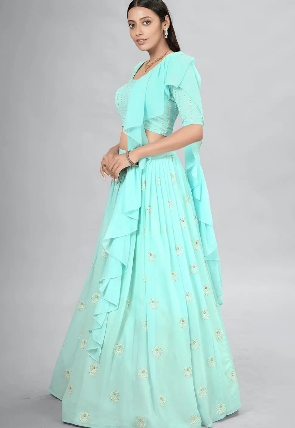 Embroidered Georgette Lehenga in Light Blue