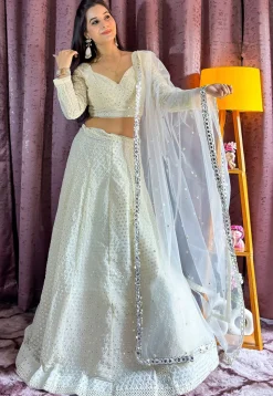 Embroidered Georgette Lehenga in Off White