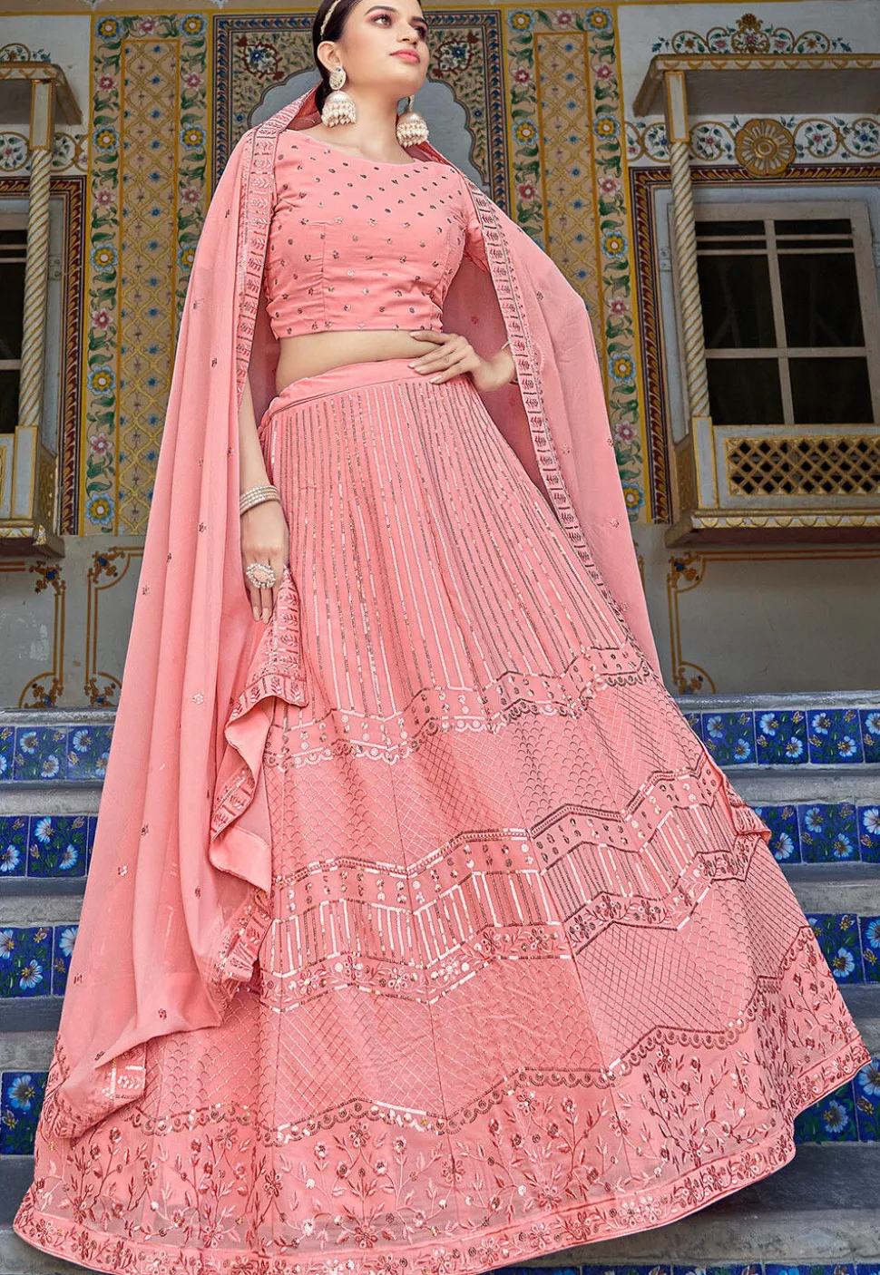 Embroidered Georgette Lehenga in Pink
