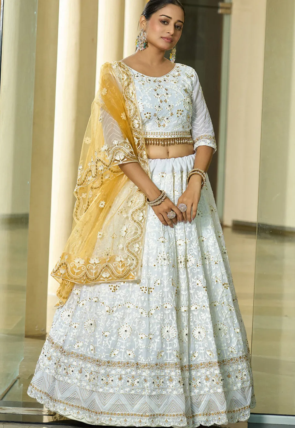 Embroidered Georgette Lehenga in Cream