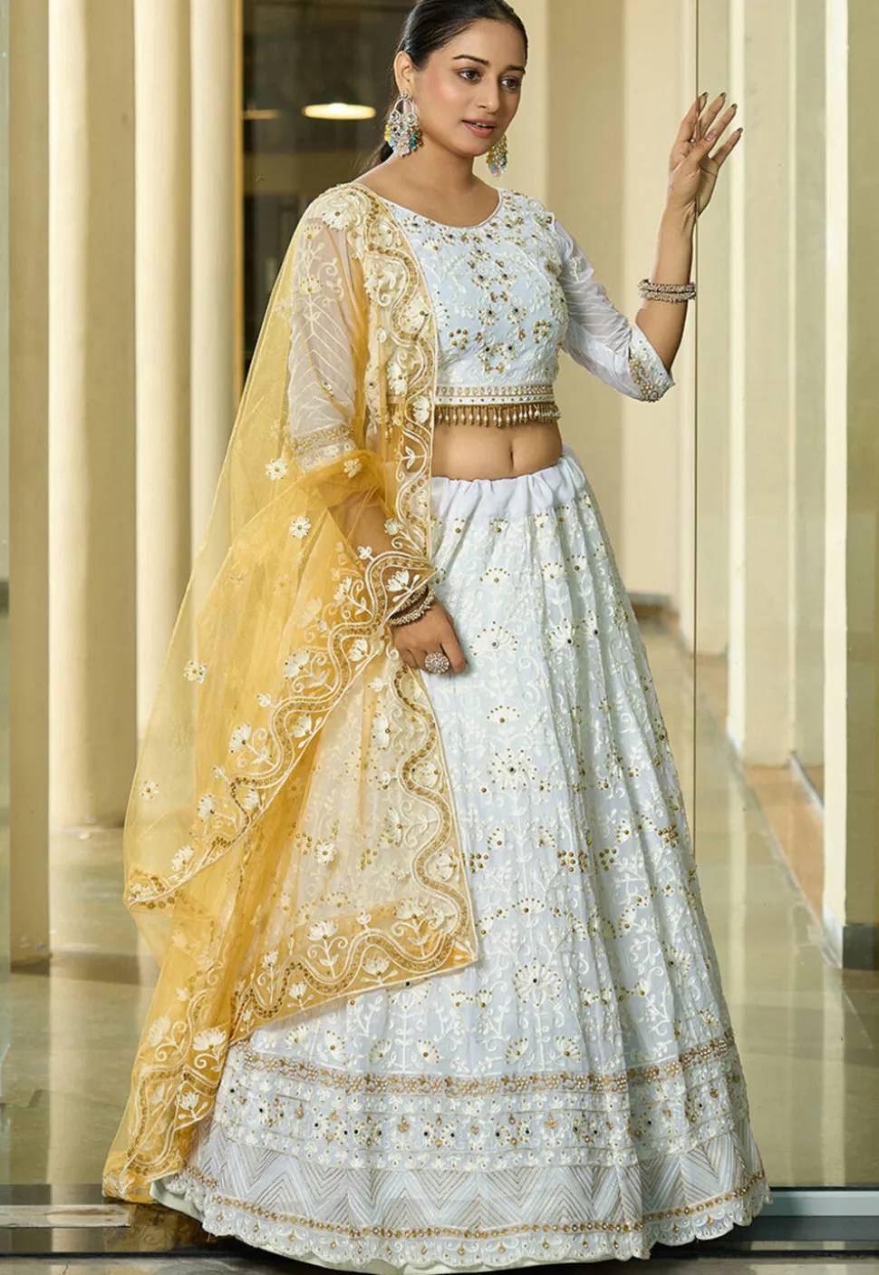 Embroidered Georgette Lehenga in Cream