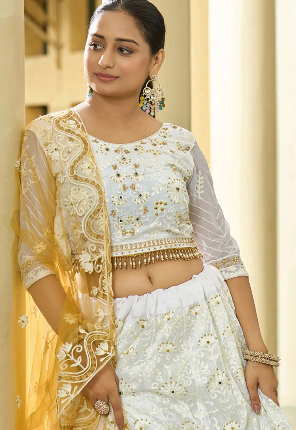 Embroidered Georgette Lehenga in Cream