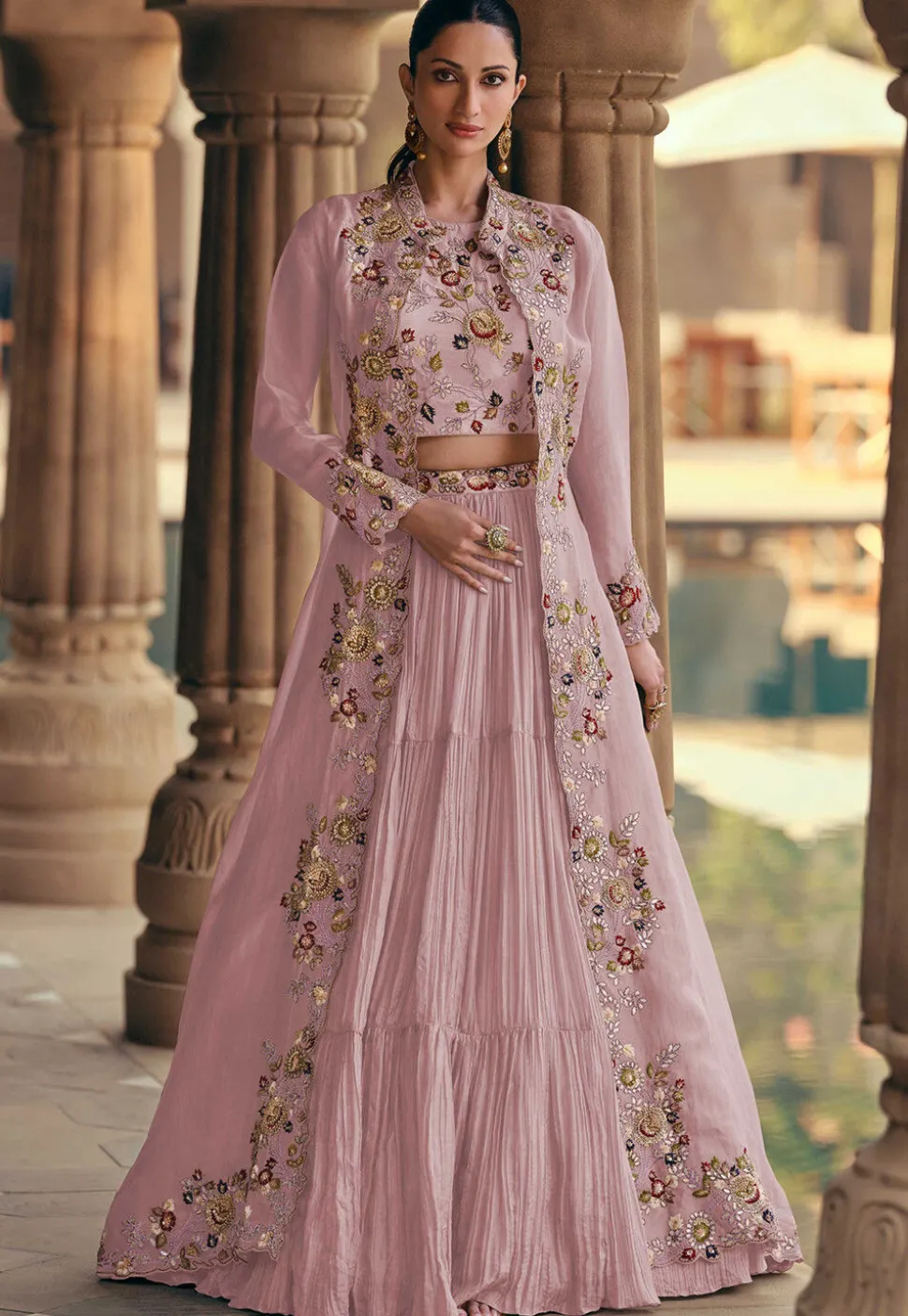Embroidered Georgette Lehenga in Pink
