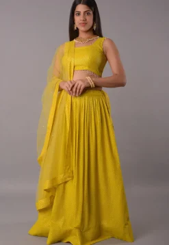 Embroidered Georgette Lehenga in Olive Green