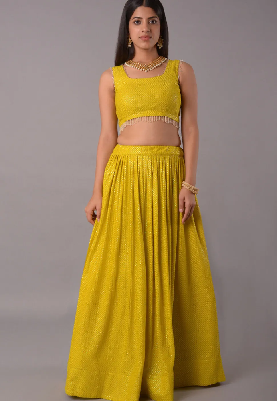 Embroidered Georgette Lehenga in Olive Green
