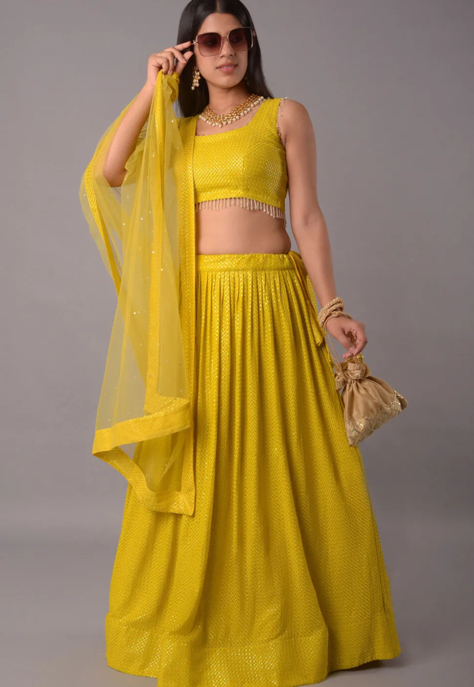 Embroidered Georgette Lehenga in Olive Green
