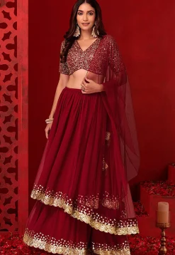 Embroidered Georgette Lehenga in Red
