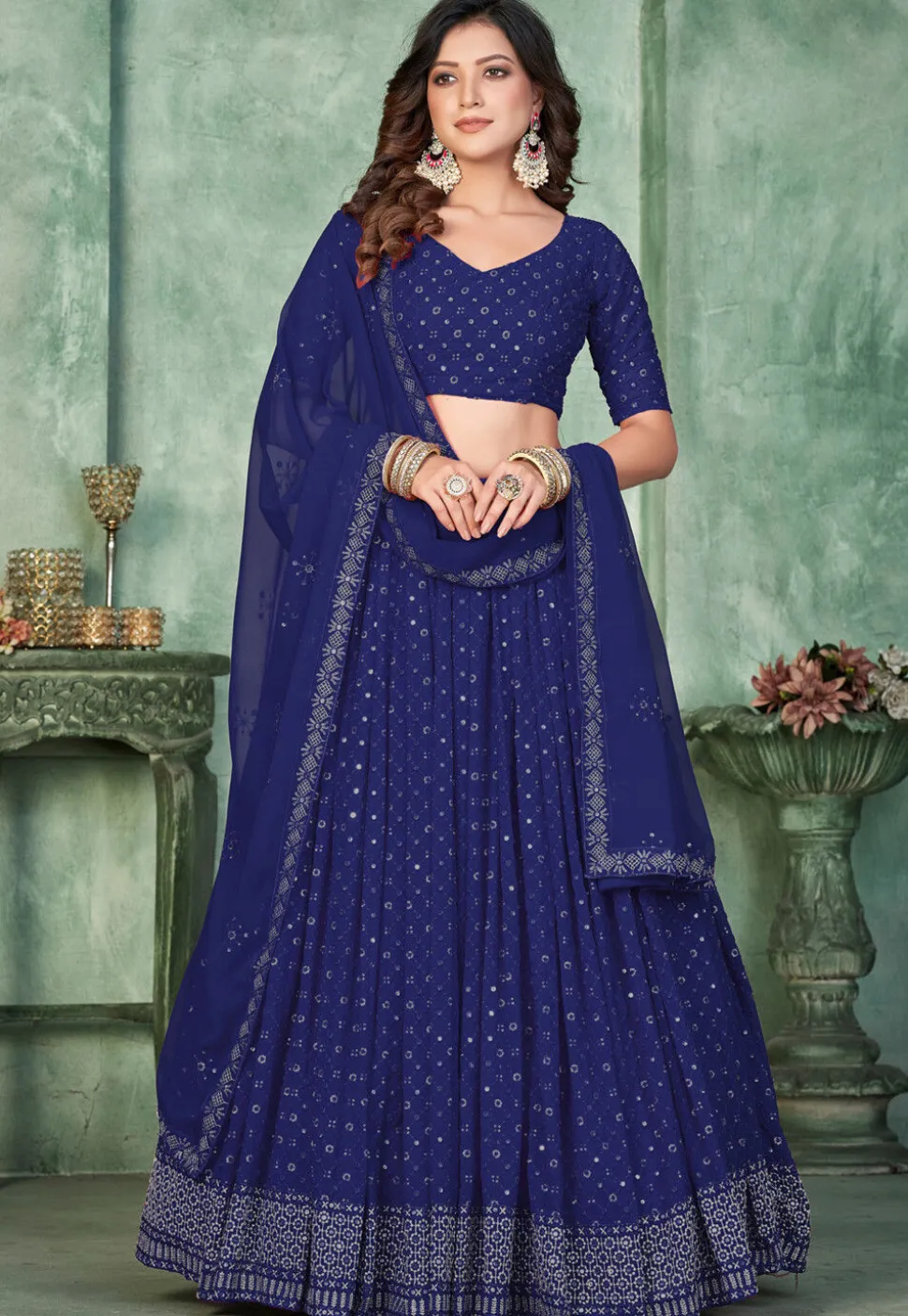 Embroidered Georgette Lehenga in Navy Blue