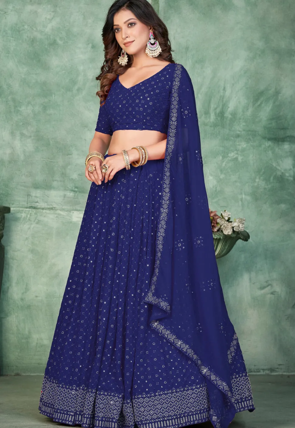 Embroidered Georgette Lehenga in Navy Blue