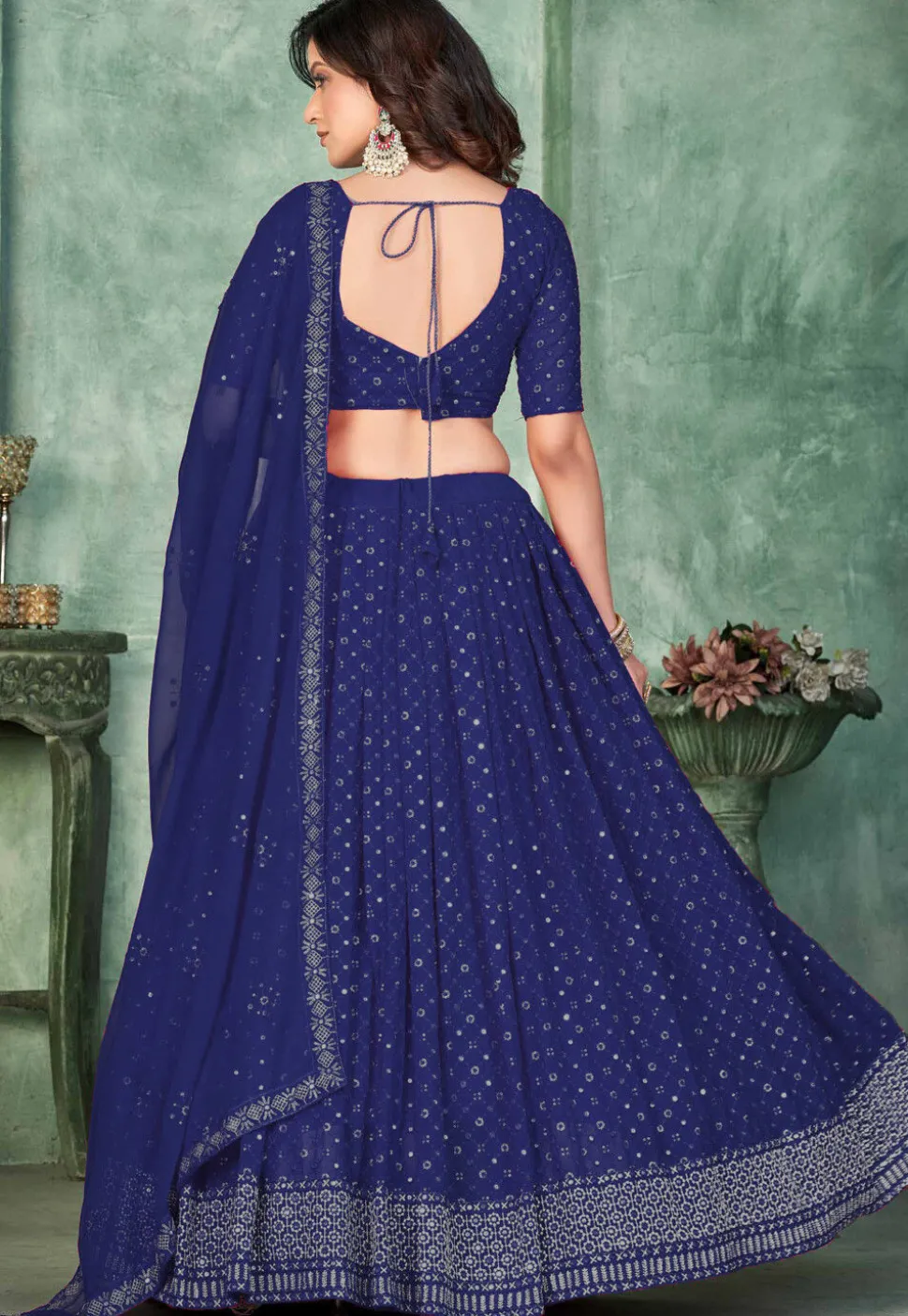 Embroidered Georgette Lehenga in Navy Blue