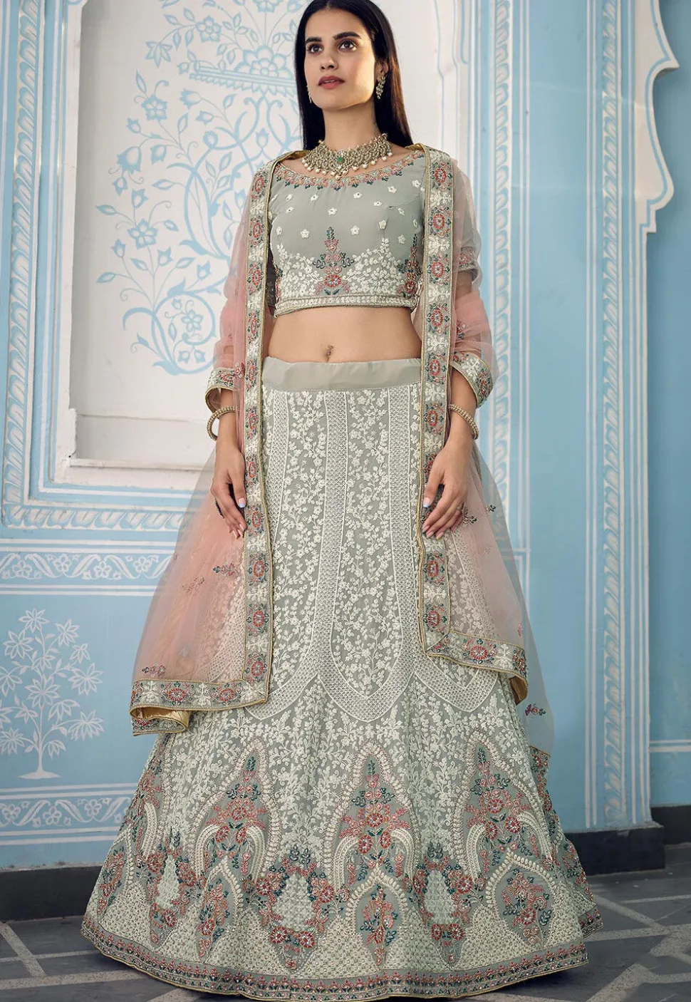 Embroidered Georgette Lehenga in Grey