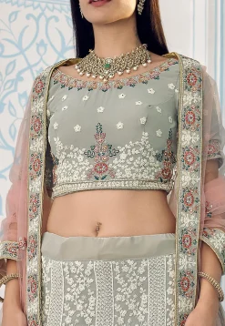 Embroidered Georgette Lehenga in Grey
