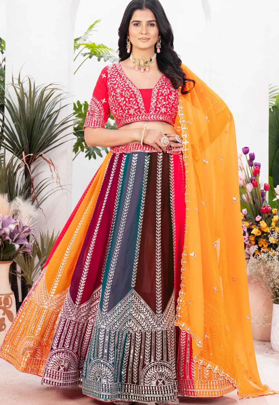 Embroidered Georgette Lehenga in Multicolor